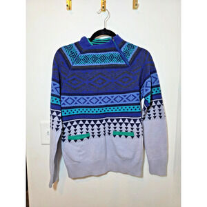 Title Nine Merino Wool Sweater Size M Zip Neck Pocket Fair Isle Blue Purple